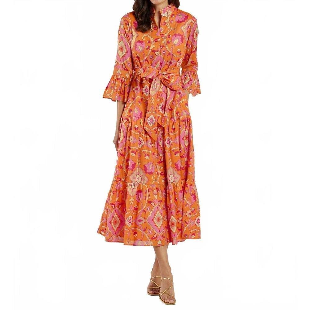 NWT Jude Connally Roxie Gilded Garden Orange Pink Gold Foil Cotton Midi Dress XS